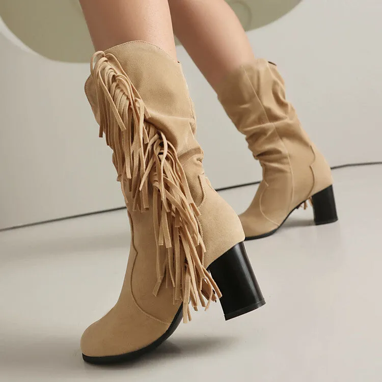 Women's Tassel Round Toe Block Heel Mid Calf Boots