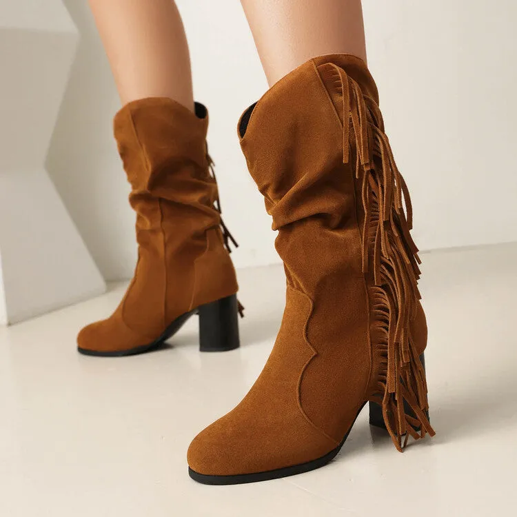 Women's Tassel Round Toe Block Heel Mid Calf Boots