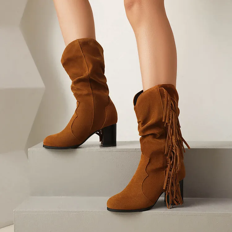 Women's Tassel Round Toe Block Heel Mid Calf Boots