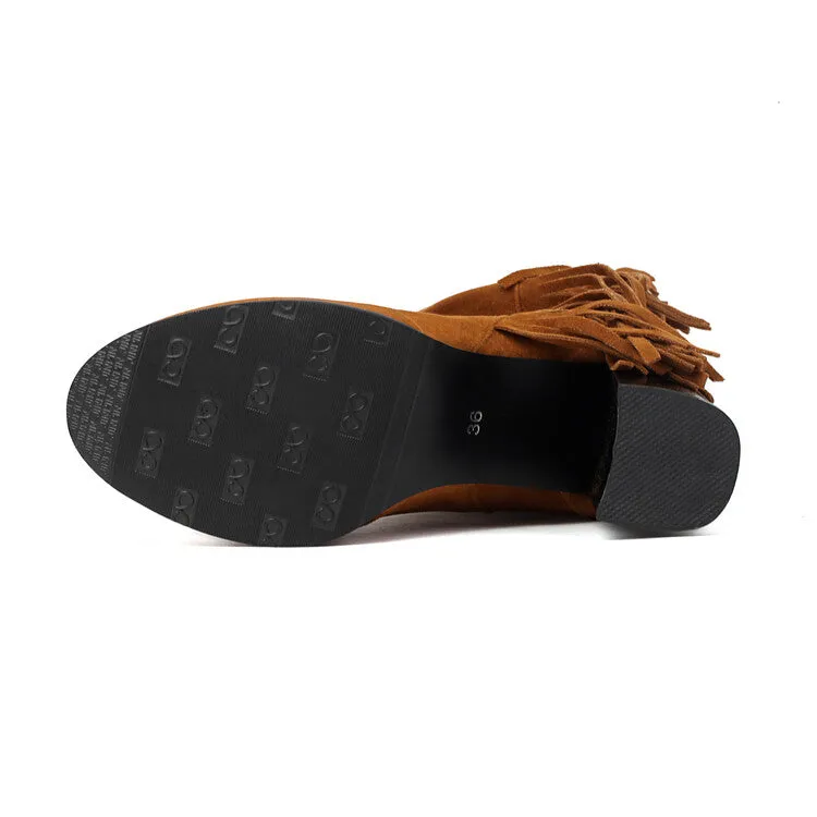 Women's Tassel Round Toe Block Heel Mid Calf Boots