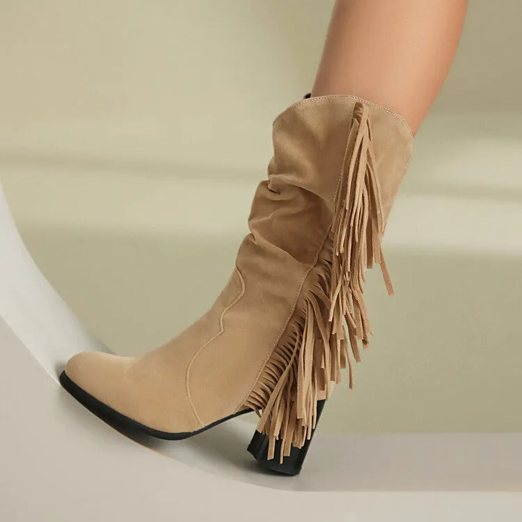 Women's Tassel Round Toe Block Heel Mid Calf Boots