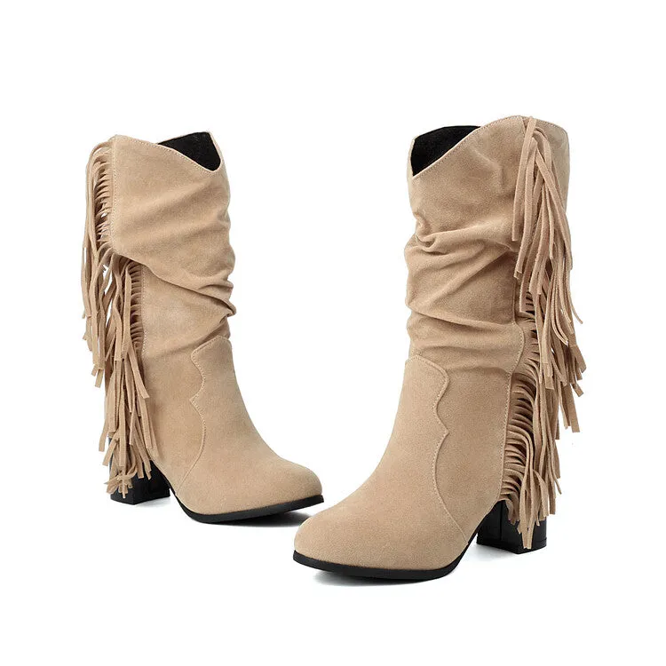 Women's Tassel Round Toe Block Heel Mid Calf Boots