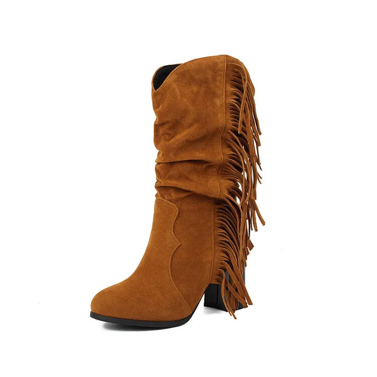Women's Tassel Round Toe Block Heel Mid Calf Boots