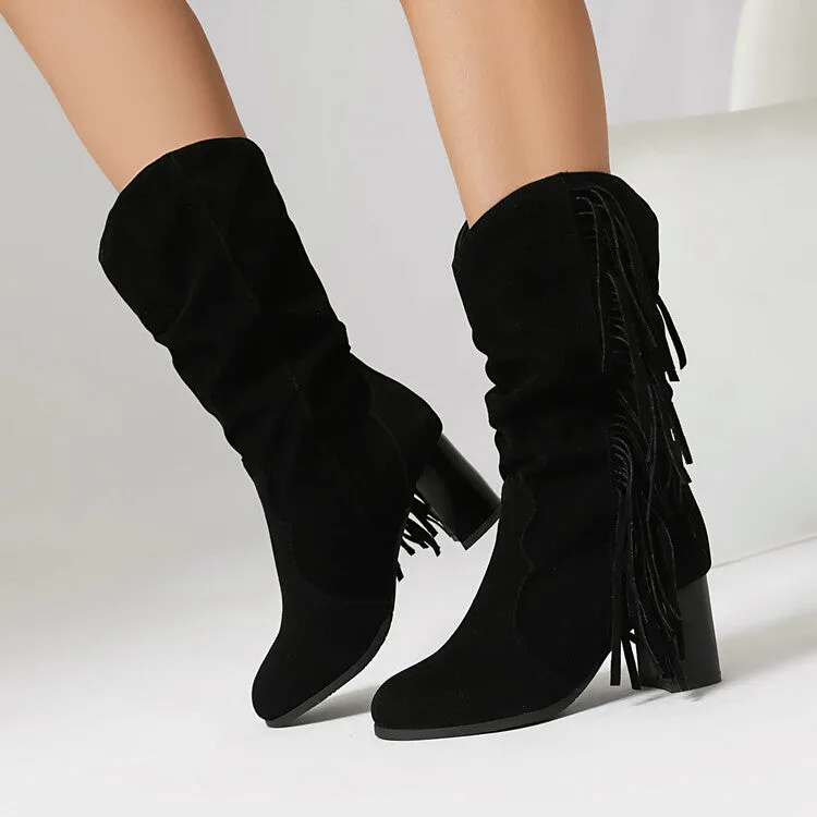 Women's Tassel Round Toe Block Heel Mid Calf Boots
