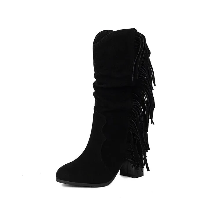 Women's Tassel Round Toe Block Heel Mid Calf Boots