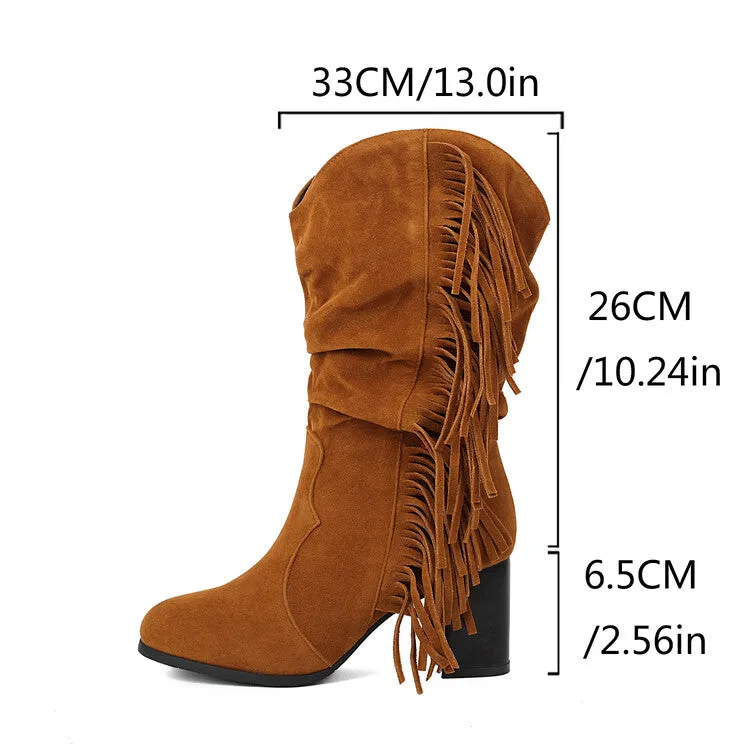 Women's Tassel Round Toe Block Heel Mid Calf Boots