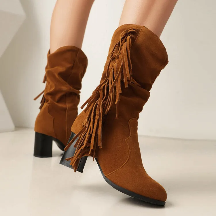 Women's Tassel Round Toe Block Heel Mid Calf Boots