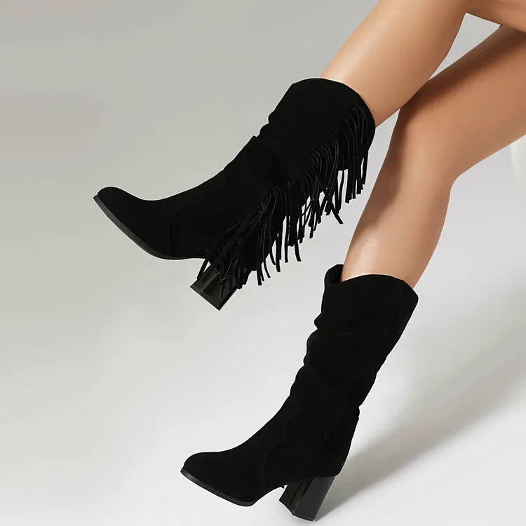 Women's Tassel Round Toe Block Heel Mid Calf Boots