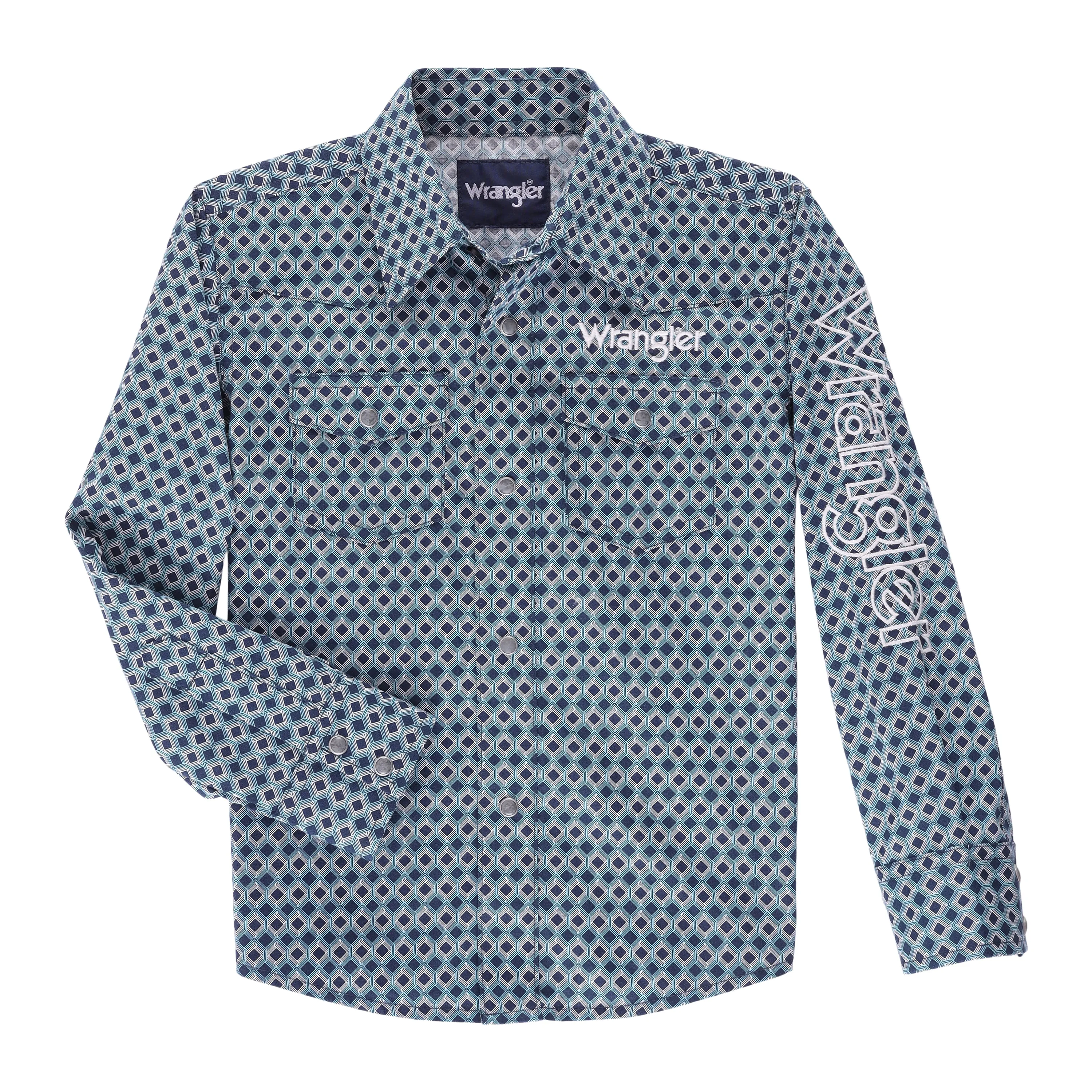 Wrangler Boy's Blue Print Snap Western Shirt with Wrangler Embroidered Logo