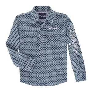 Wrangler Boy's Blue Print Snap Western Shirt with Wrangler Embroidered Logo