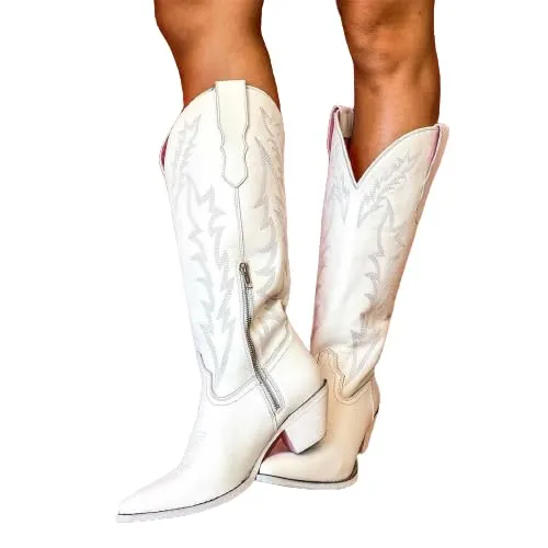 XZEIT Vintage PU Western cowboy Boot Women Flower Embroidered Mid Calf Cowgirl Boots pointed Toe Western Boots Chunky Heel Pull On Short Boots Riding Wedding Boots,White,5