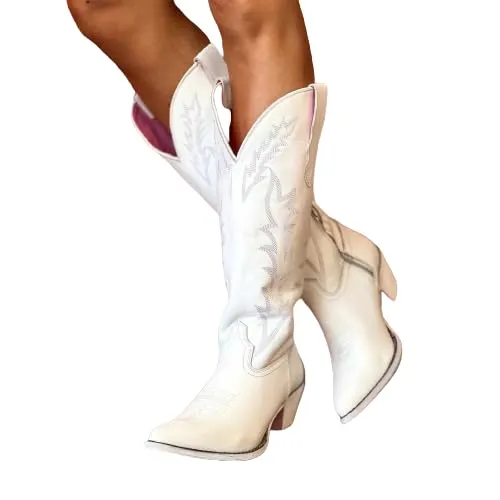 XZEIT Vintage PU Western cowboy Boot Women Flower Embroidered Mid Calf Cowgirl Boots pointed Toe Western Boots Chunky Heel Pull On Short Boots Riding Wedding Boots,White,5