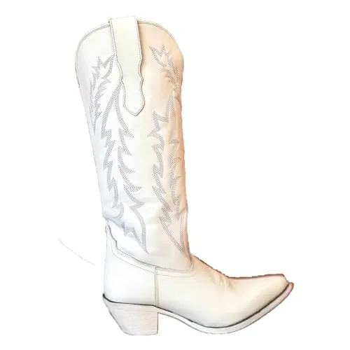 XZEIT Vintage PU Western cowboy Boot Women Flower Embroidered Mid Calf Cowgirl Boots pointed Toe Western Boots Chunky Heel Pull On Short Boots Riding Wedding Boots,White,5