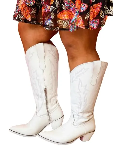 XZEIT Vintage PU Western cowboy Boot Women Flower Embroidered Mid Calf Cowgirl Boots pointed Toe Western Boots Chunky Heel Pull On Short Boots Riding Wedding Boots,White,5