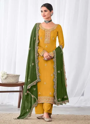 Yellow and Green Embroidered Palazzo Suit