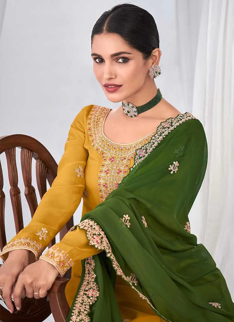 Yellow and Green Embroidered Palazzo Suit