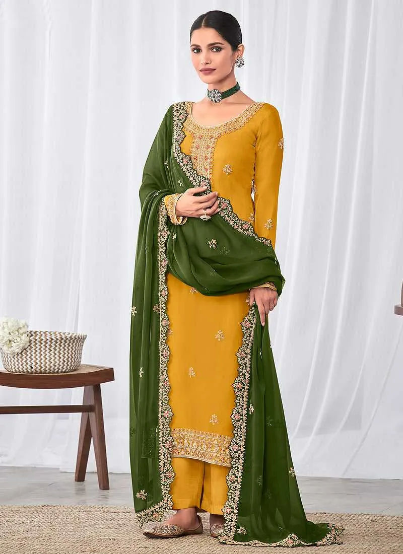 Yellow and Green Embroidered Palazzo Suit