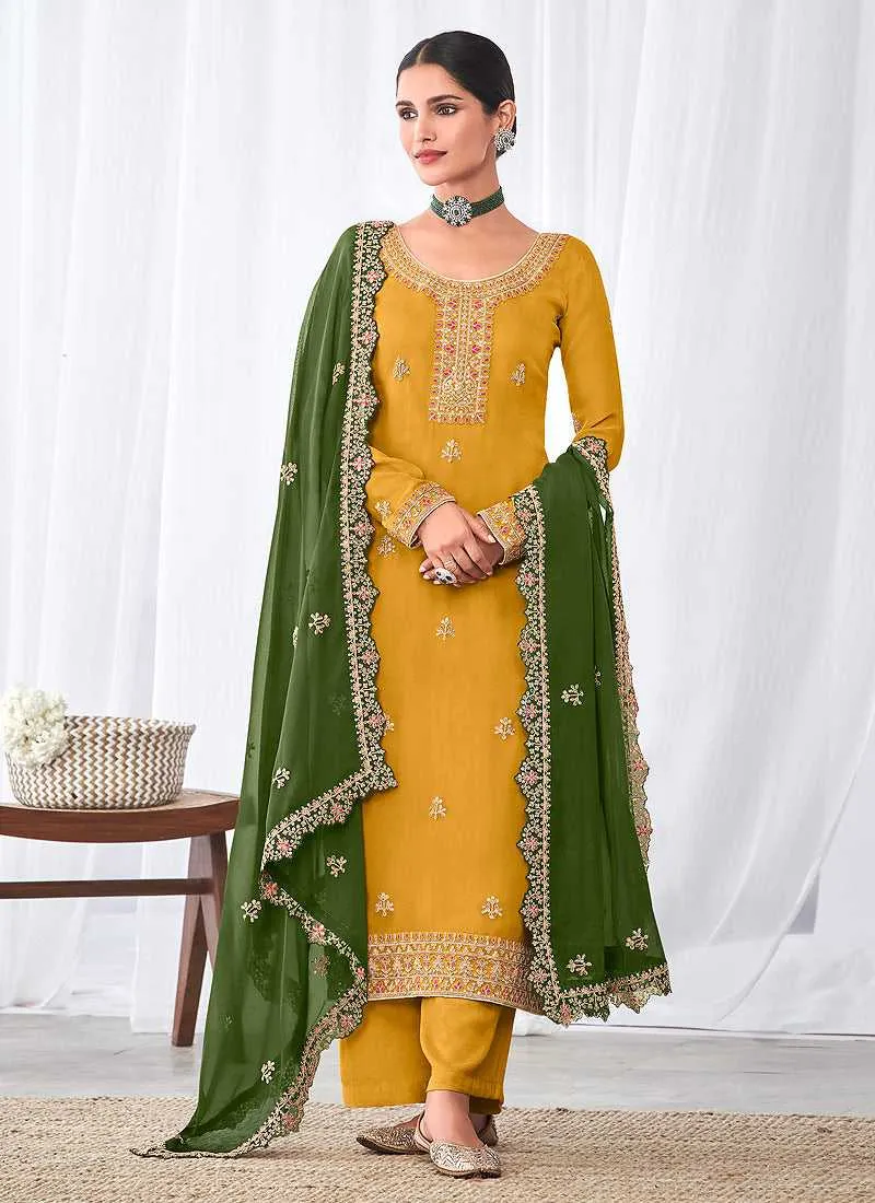 Yellow and Green Embroidered Palazzo Suit
